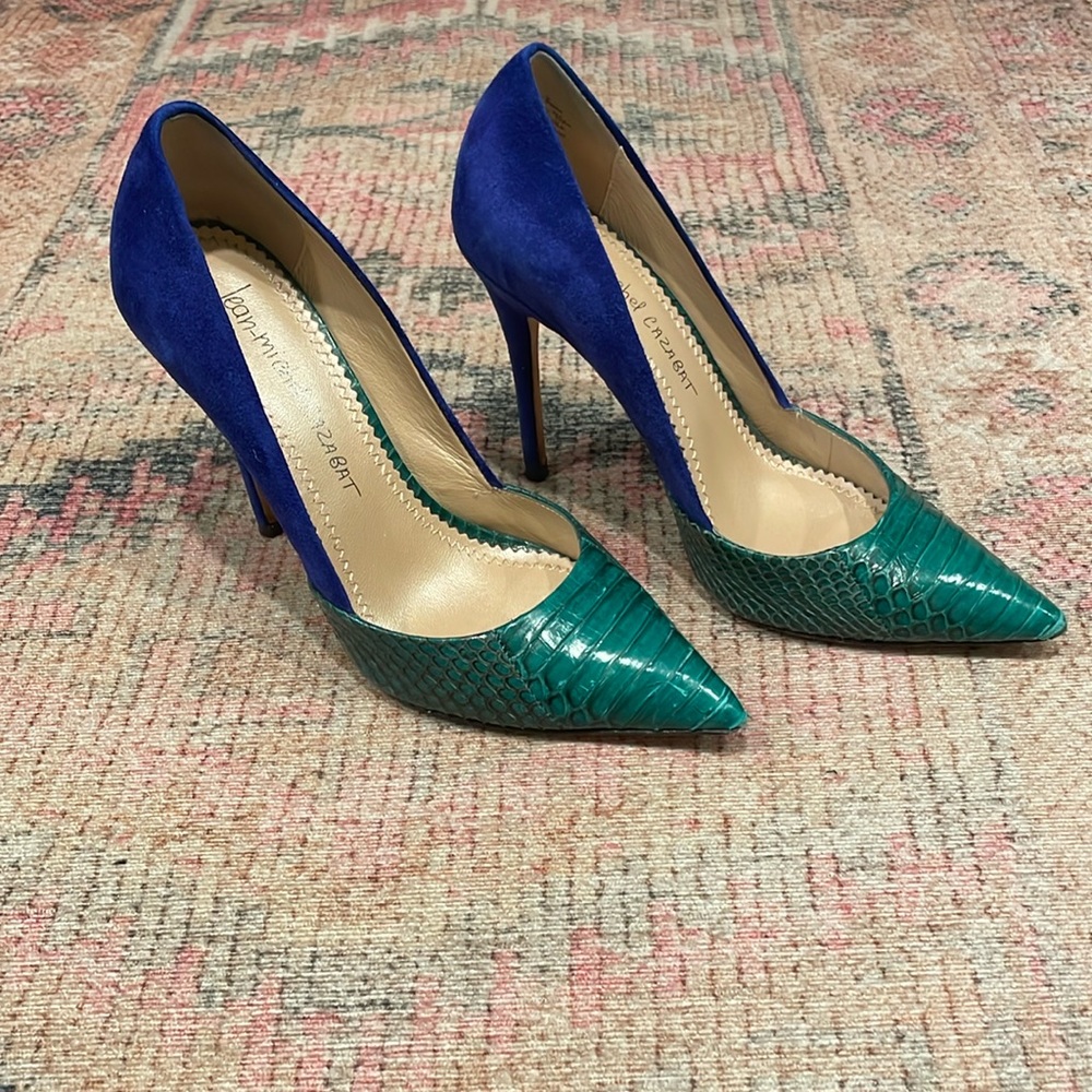Jean-Michel Cazabat Blue Suede & Emerald Green Snakeskin Heels